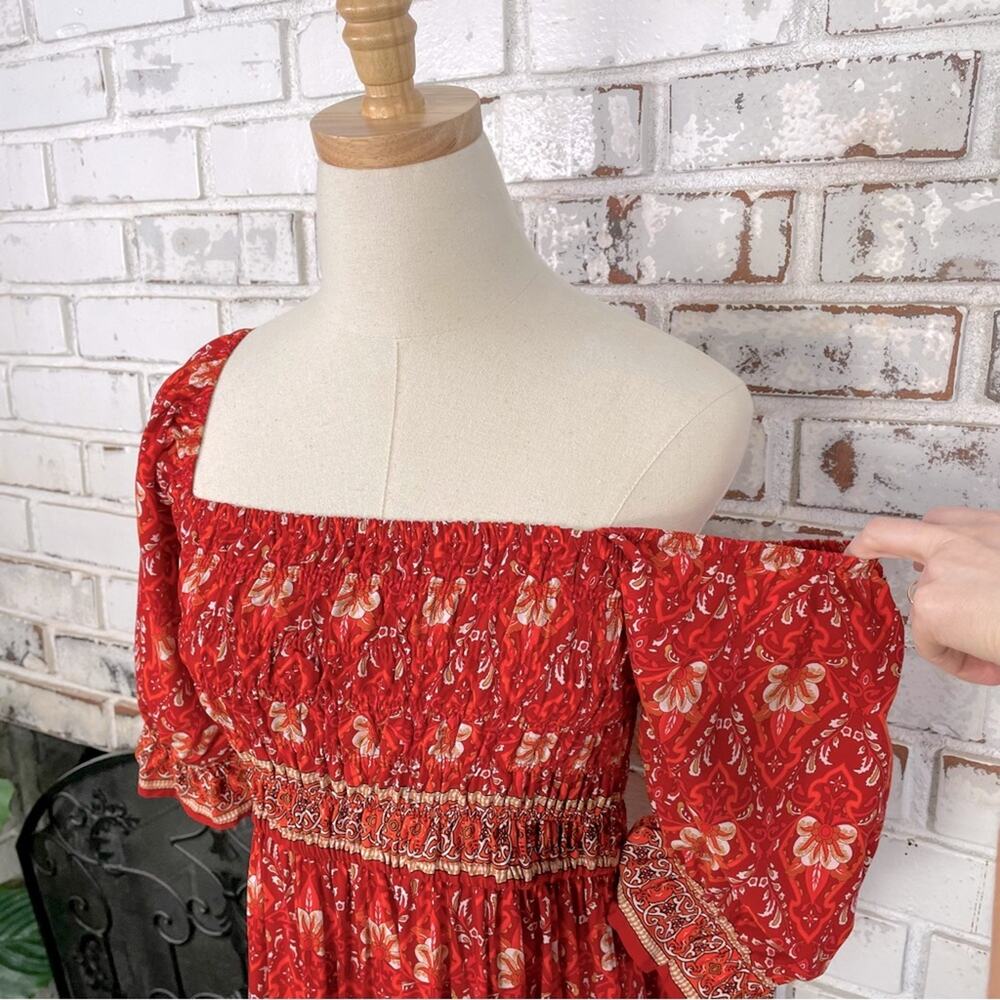 Red Bright Boho Floral Puff Shoulder Smocked Top Ruffle Hem Midi Dress L - Picture 4 of 9